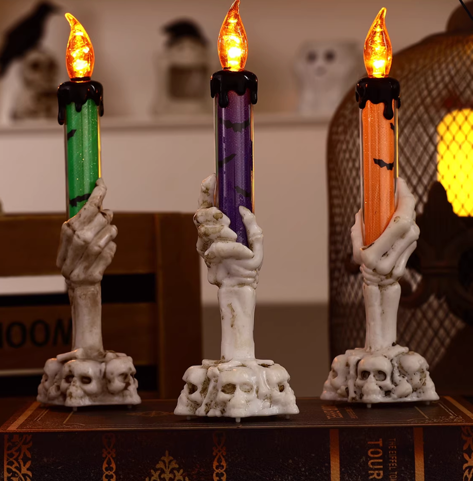 Spooky Skeleton Hand LED Candles - Halloween Flickering Flameless (Orange)