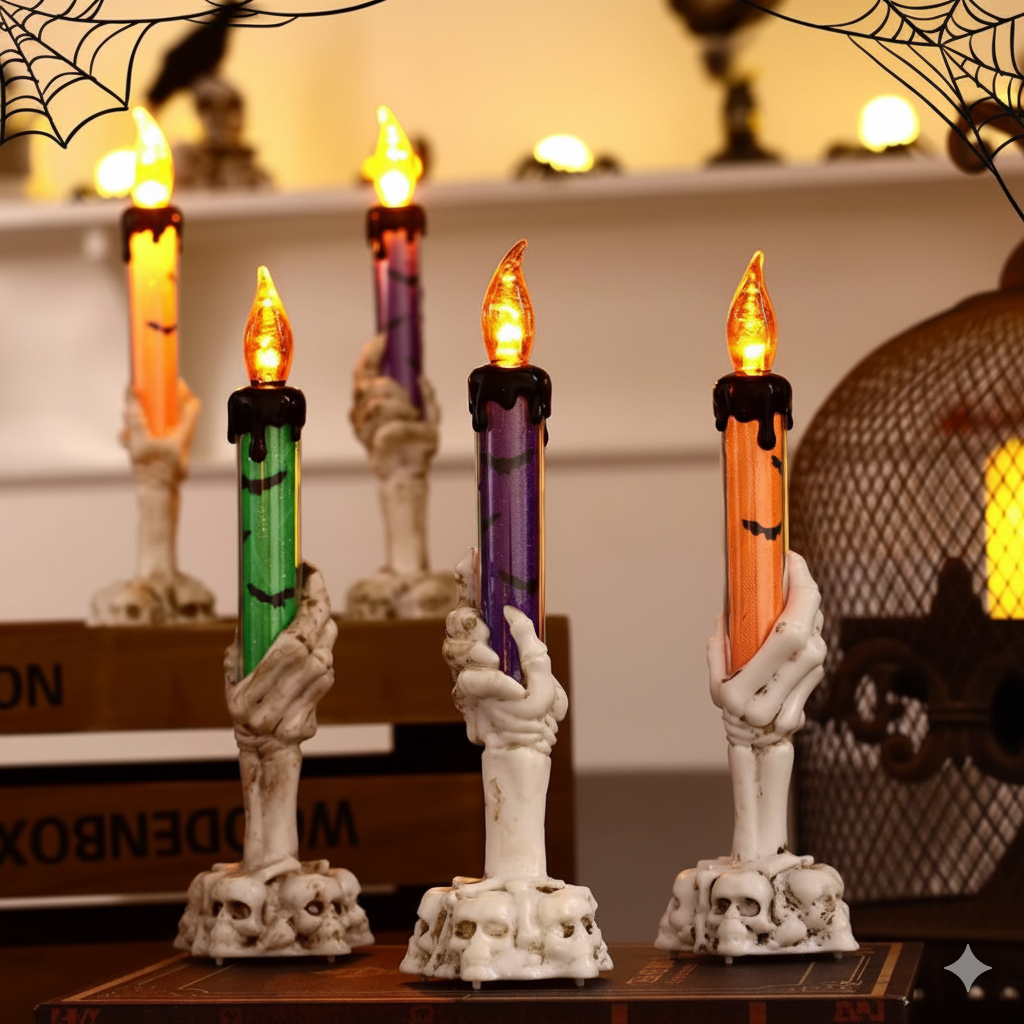 Spooky Skeleton Hand LED Candles - Halloween Flickering Flameless (Orange)
