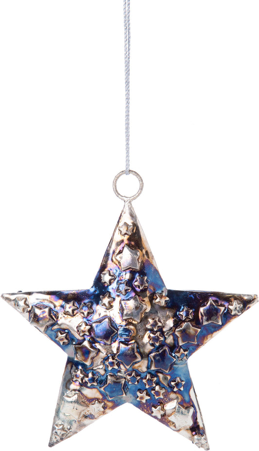A80308: Emboss mtl star orn,star ptrn,midnight blu glaze,4in