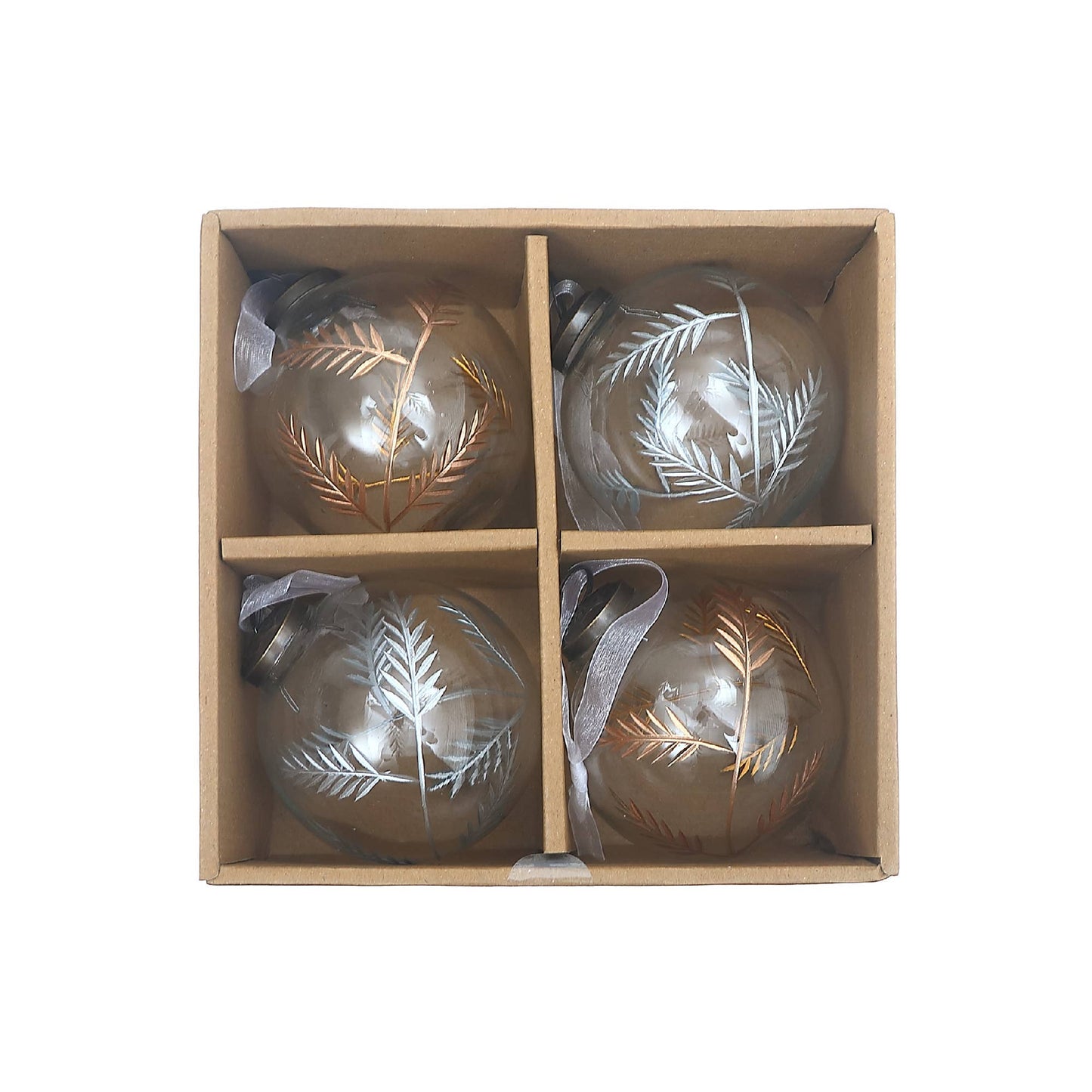 4" Clear Glass Ornament With Leaf Etching Gold + Silver: Multi