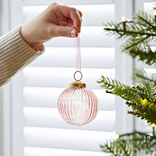Ira Coloured Recycled Glass Ribbed Baubles: Pink