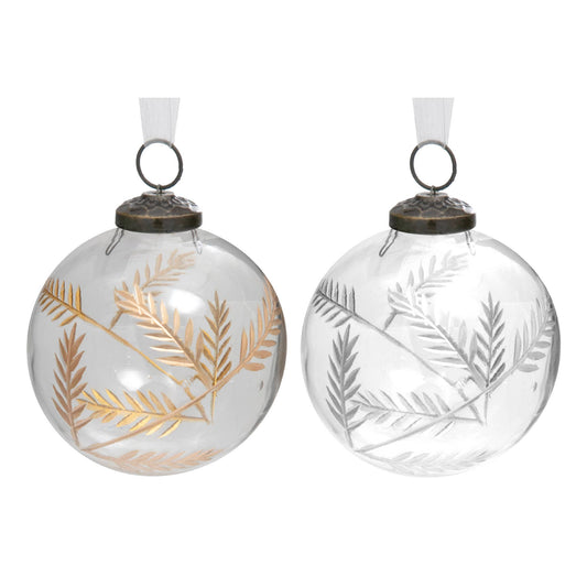 4" Clear Glass Ornament With Leaf Etching Gold + Silver: Multi
