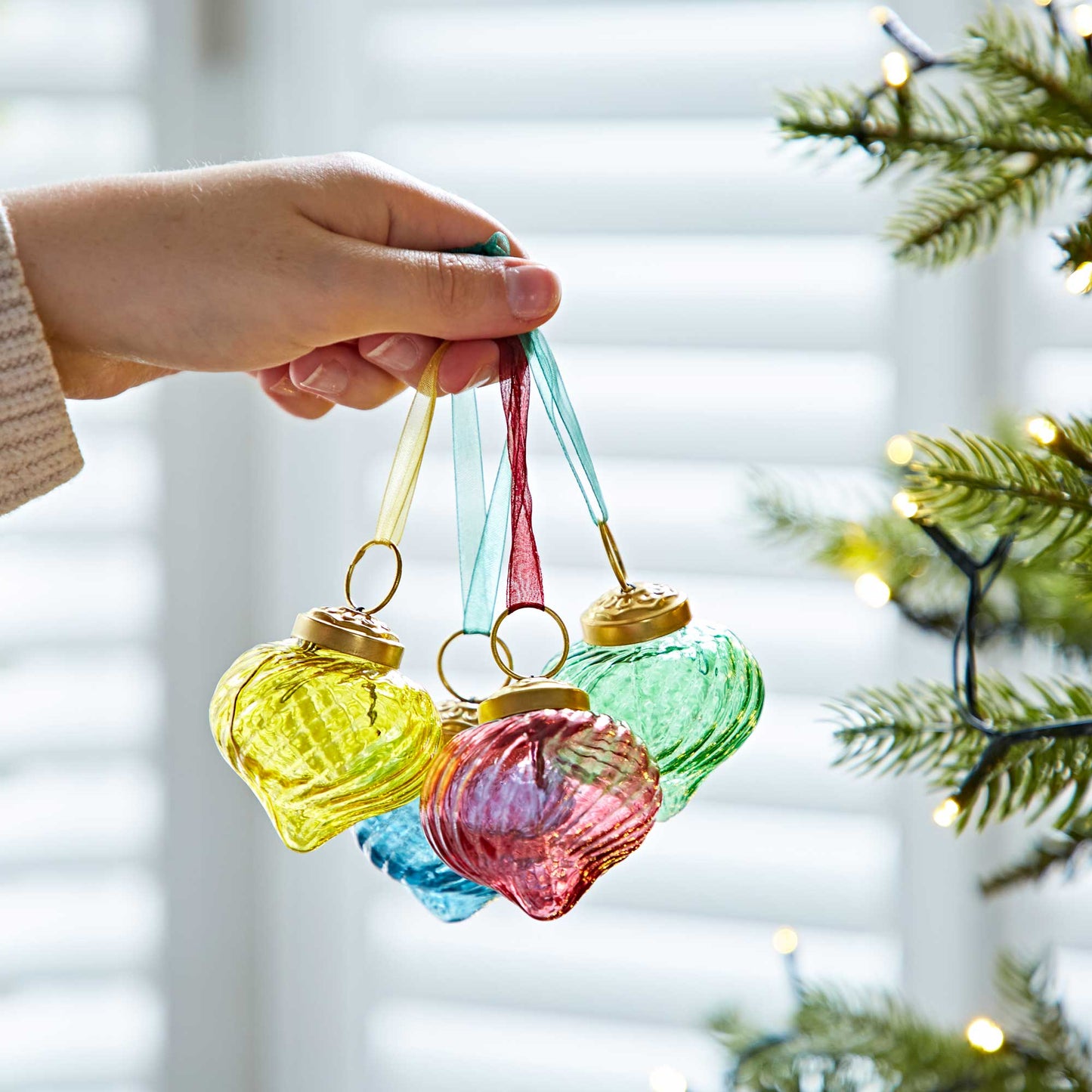 Set of 4 Keya Coloured Recycled Glass Raindrop Baubles