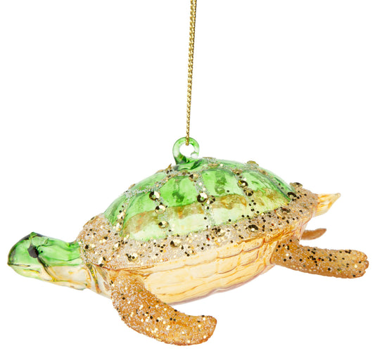 A63054: Blown gls turtle orn,translucent grn&gld,glit,4in