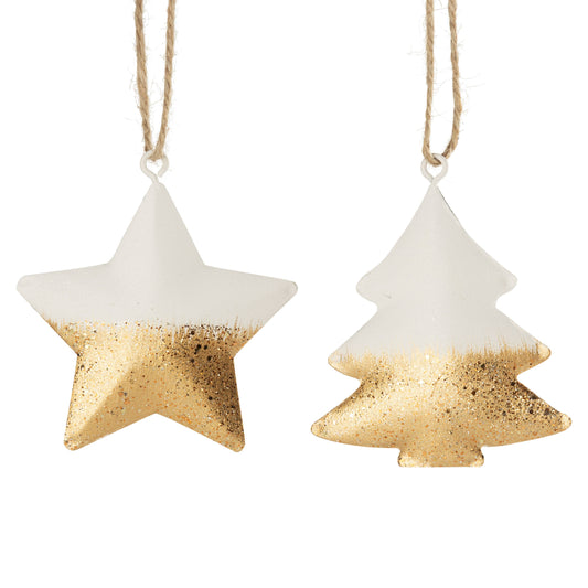 A41972: 2 Asst metal orn,2 tone wht&gld star&tree,3in