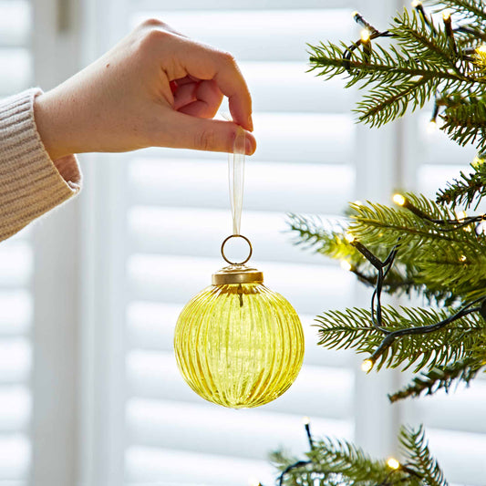 Ira Coloured Recycled Glass Ribbed Baubles: Yellow