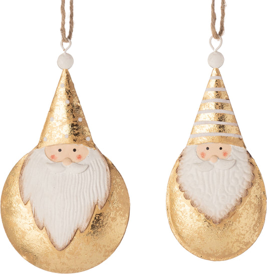 A41791: 2 Asst Santa balls,hat,gld paint metal,5.25+5in