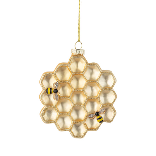 A14437: Glass honeycomb ornament,with bee appliques,4in
