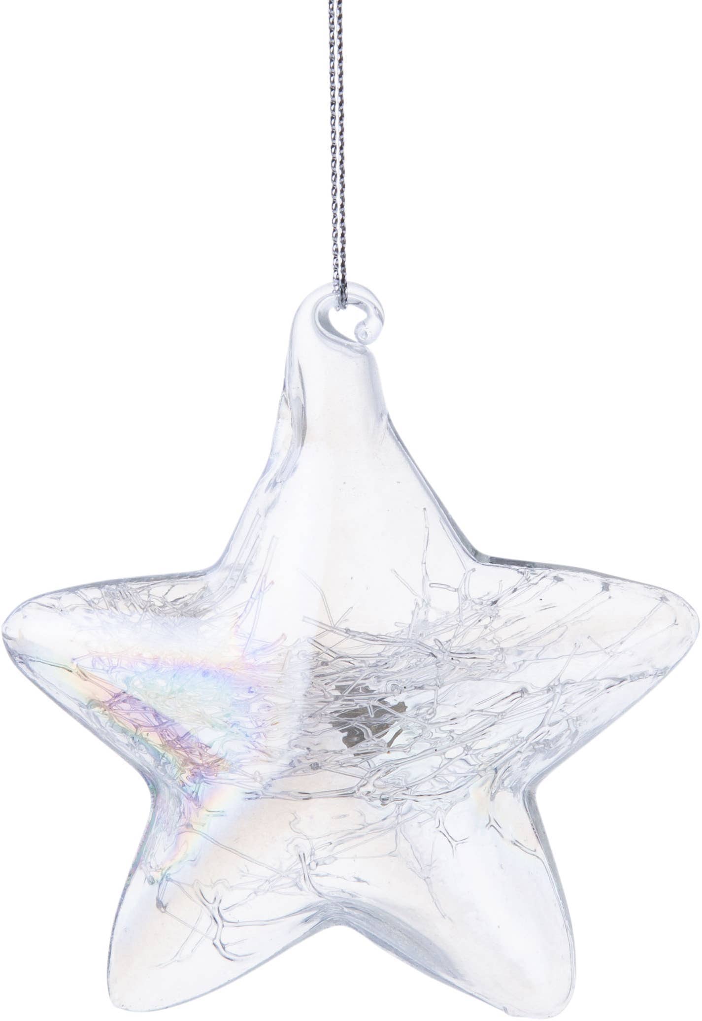 A26332: Clear iridescent glass star orn,static int,3in