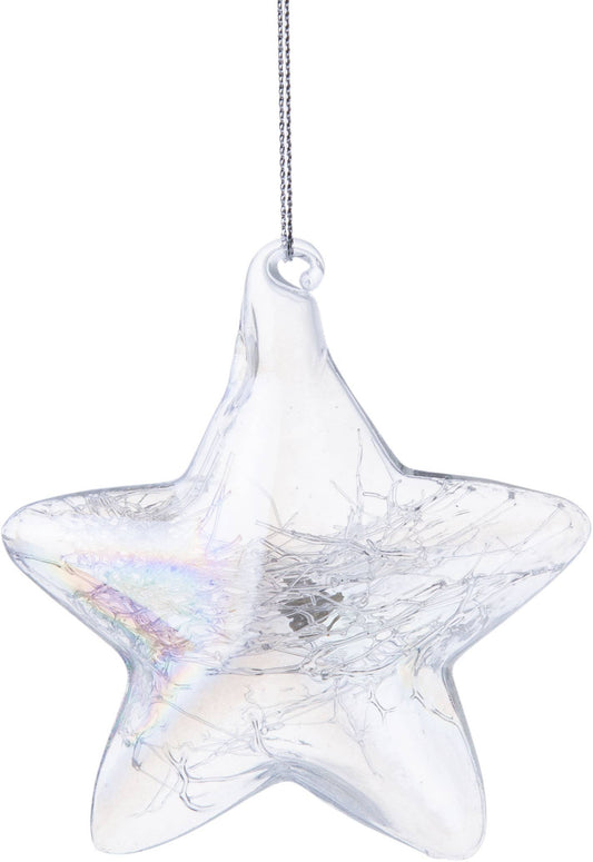 A26332: Clear iridescent glass star orn,static int,3in