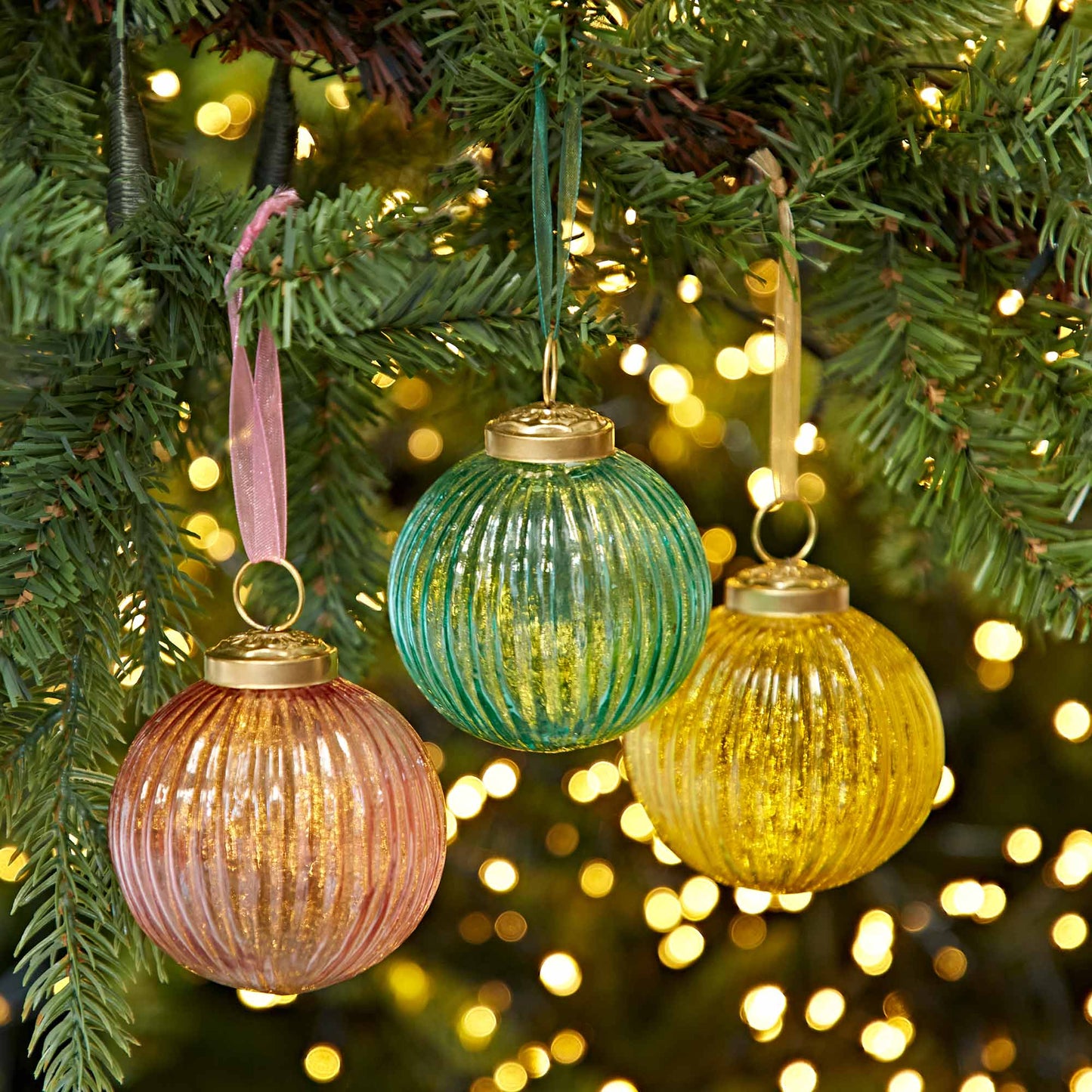 Ira Coloured Recycled Glass Ribbed Baubles: Aqua
