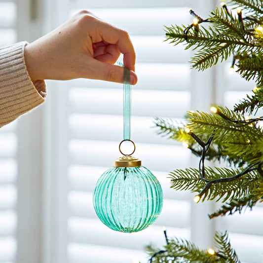 Ira Coloured Recycled Glass Ribbed Baubles: Aqua